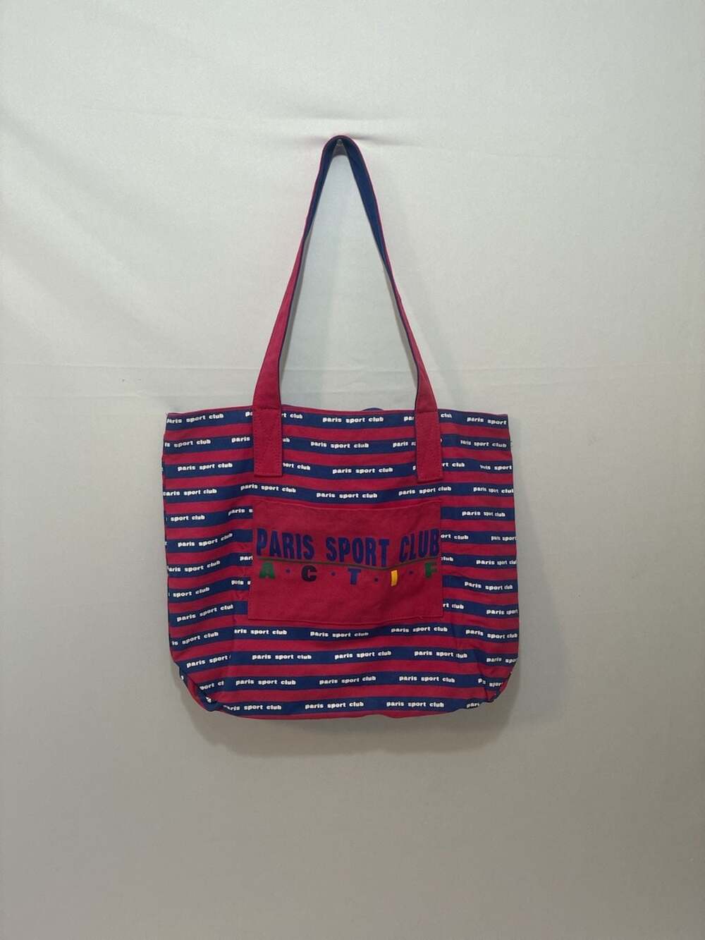 Paris Sport Club Red and Blue Striped Canvas Tote Bag with Front Pocket